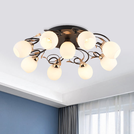 Globe White Glass Semi Flush Light Traditional 4/6/9 Lights Living Room Ceiling Mounted Fixture in Black 9 Black Clearhalo 'Ceiling Lights' 'Close To Ceiling Lights' 'Close to ceiling' 'Semi-flushmount' Lighting' 781186