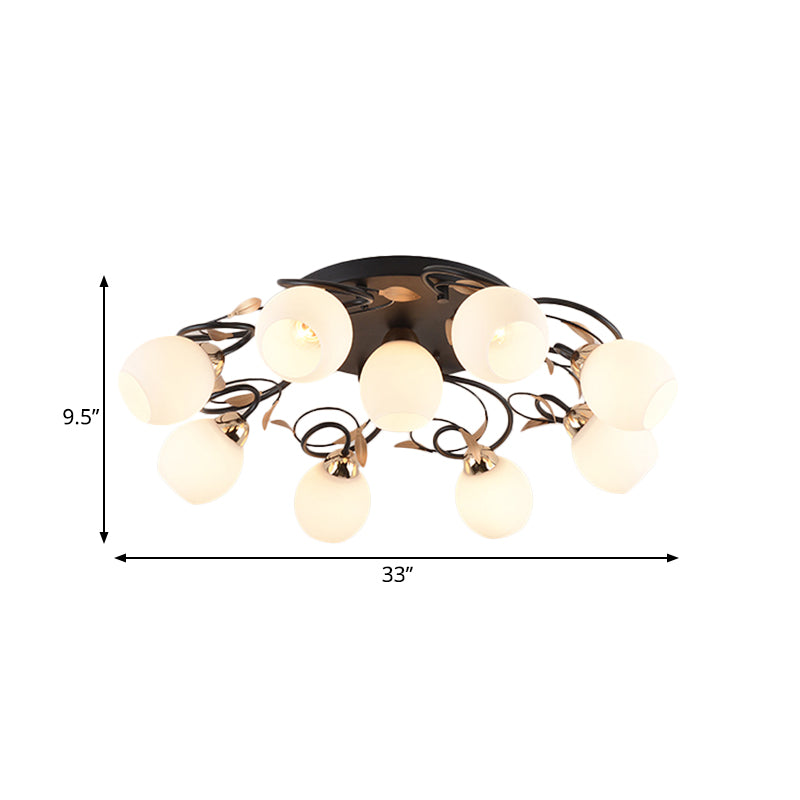 Globe White Glass Semi Flush Light Traditional 4/6/9 Lights Living Room Ceiling Mounted Fixture in Black Clearhalo 'Ceiling Lights' 'Close To Ceiling Lights' 'Close to ceiling' 'Semi-flushmount' Lighting' 781190