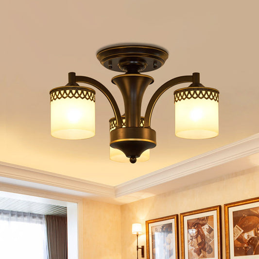 3/6 Bulbs Cylinder Semi Mount Lighting Classic Black Finish Tan Glass Ceiling Light Fixture with Twisted Arm 3 Black Clearhalo 'Ceiling Lights' 'Close To Ceiling Lights' 'Close to ceiling' 'Semi-flushmount' Lighting' 781191