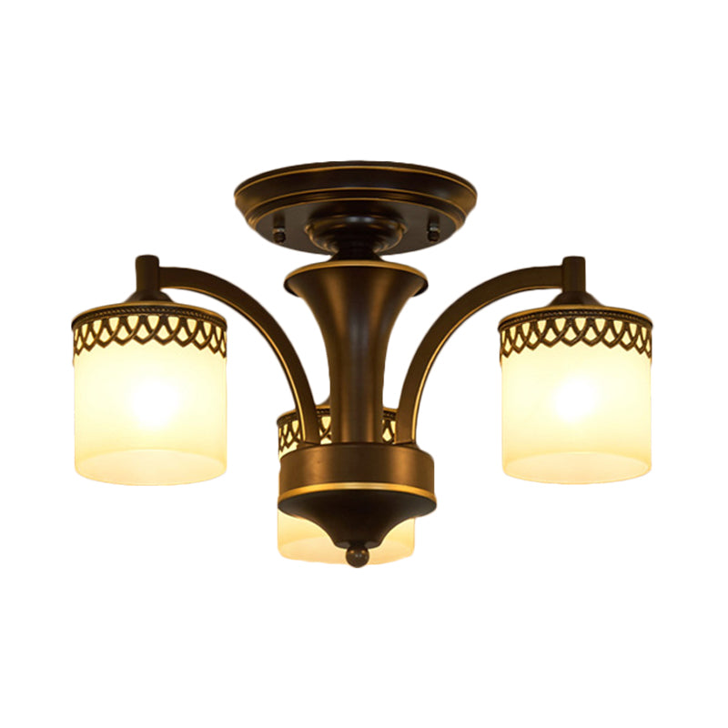 3/6 Bulbs Cylinder Semi Mount Lighting Classic Black Finish Tan Glass Ceiling Light Fixture with Twisted Arm Clearhalo 'Ceiling Lights' 'Close To Ceiling Lights' 'Close to ceiling' 'Semi-flushmount' Lighting' 781192