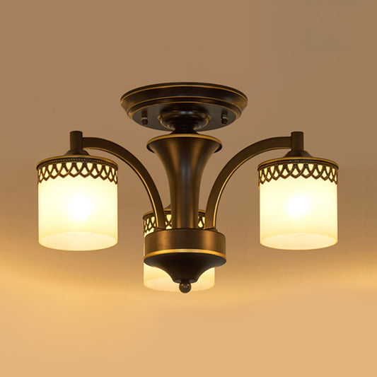3/6 Bulbs Cylinder Semi Mount Lighting Classic Black Finish Tan Glass Ceiling Light Fixture with Twisted Arm Clearhalo 'Ceiling Lights' 'Close To Ceiling Lights' 'Close to ceiling' 'Semi-flushmount' Lighting' 781193
