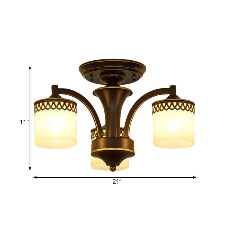 3/6 Bulbs Cylinder Semi Mount Lighting Classic Black Finish Tan Glass Ceiling Light Fixture with Twisted Arm Clearhalo 'Ceiling Lights' 'Close To Ceiling Lights' 'Close to ceiling' 'Semi-flushmount' Lighting' 781194