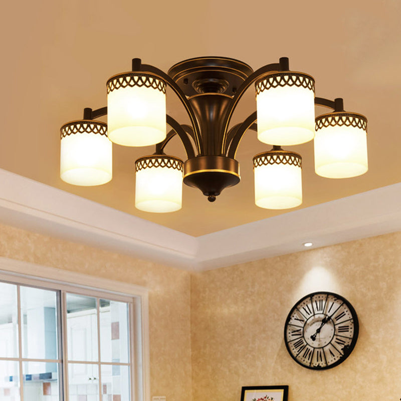 3/6 Bulbs Cylinder Semi Mount Lighting Classic Black Finish Tan Glass Ceiling Light Fixture with Twisted Arm Clearhalo 'Ceiling Lights' 'Close To Ceiling Lights' 'Close to ceiling' 'Semi-flushmount' Lighting' 781196