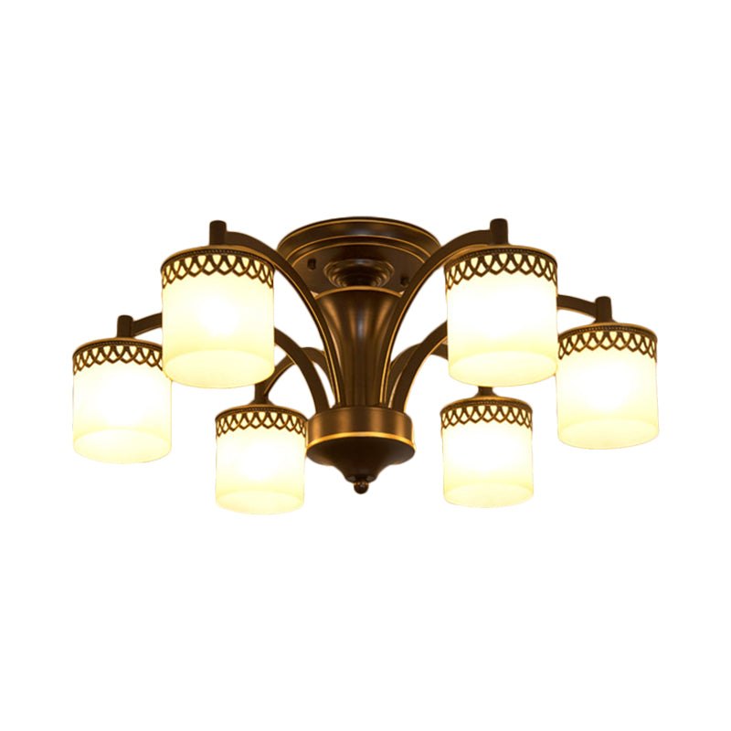 3/6 Bulbs Cylinder Semi Mount Lighting Classic Black Finish Tan Glass Ceiling Light Fixture with Twisted Arm Clearhalo 'Ceiling Lights' 'Close To Ceiling Lights' 'Close to ceiling' 'Semi-flushmount' Lighting' 781197
