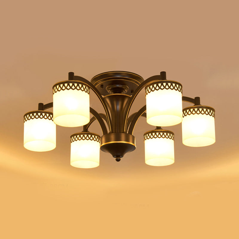 3/6 Bulbs Cylinder Semi Mount Lighting Classic Black Finish Tan Glass Ceiling Light Fixture with Twisted Arm Clearhalo 'Ceiling Lights' 'Close To Ceiling Lights' 'Close to ceiling' 'Semi-flushmount' Lighting' 781198