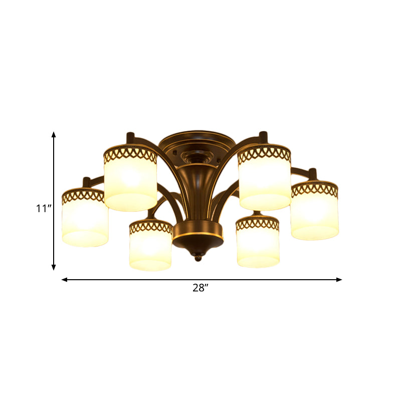 3/6 Bulbs Cylinder Semi Mount Lighting Classic Black Finish Tan Glass Ceiling Light Fixture with Twisted Arm Clearhalo 'Ceiling Lights' 'Close To Ceiling Lights' 'Close to ceiling' 'Semi-flushmount' Lighting' 781199