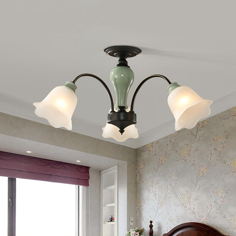 Black Flower Semi Flush Countryside Frosted Glass 3/6/8 Heads Living Room Ceiling Mount with Curved Arm 3 Black Clearhalo 'Ceiling Lights' 'Close To Ceiling Lights' 'Close to ceiling' 'Semi-flushmount' Lighting' 781200