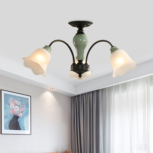 Black Flower Semi Flush Countryside Frosted Glass 3/6/8 Heads Living Room Ceiling Mount with Curved Arm Clearhalo 'Ceiling Lights' 'Close To Ceiling Lights' 'Close to ceiling' 'Semi-flushmount' Lighting' 781201