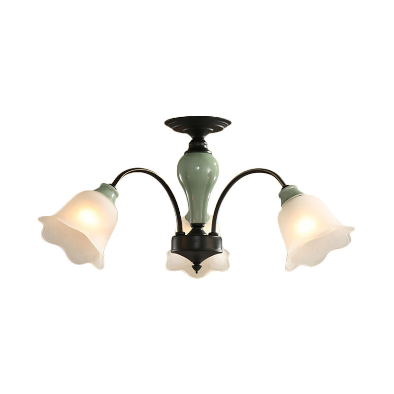 Black Flower Semi Flush Countryside Frosted Glass 3/6/8 Heads Living Room Ceiling Mount with Curved Arm Clearhalo 'Ceiling Lights' 'Close To Ceiling Lights' 'Close to ceiling' 'Semi-flushmount' Lighting' 781202
