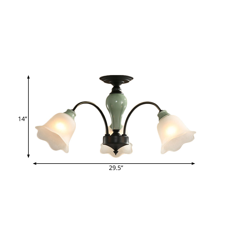Black Flower Semi Flush Countryside Frosted Glass 3/6/8 Heads Living Room Ceiling Mount with Curved Arm Clearhalo 'Ceiling Lights' 'Close To Ceiling Lights' 'Close to ceiling' 'Semi-flushmount' Lighting' 781203