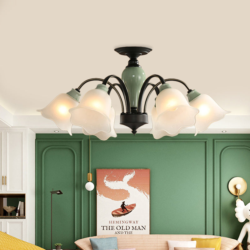 Black Flower Semi Flush Countryside Frosted Glass 3/6/8 Heads Living Room Ceiling Mount with Curved Arm Clearhalo 'Ceiling Lights' 'Close To Ceiling Lights' 'Close to ceiling' 'Semi-flushmount' Lighting' 781205