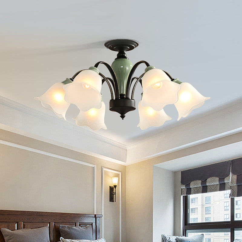 Black Flower Semi Flush Countryside Frosted Glass 3/6/8 Heads Living Room Ceiling Mount with Curved Arm Clearhalo 'Ceiling Lights' 'Close To Ceiling Lights' 'Close to ceiling' 'Semi-flushmount' Lighting' 781206