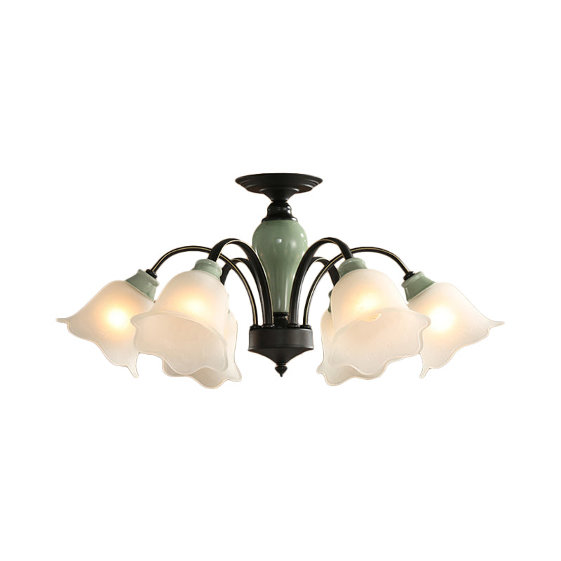 Black Flower Semi Flush Countryside Frosted Glass 3/6/8 Heads Living Room Ceiling Mount with Curved Arm Clearhalo 'Ceiling Lights' 'Close To Ceiling Lights' 'Close to ceiling' 'Semi-flushmount' Lighting' 781207