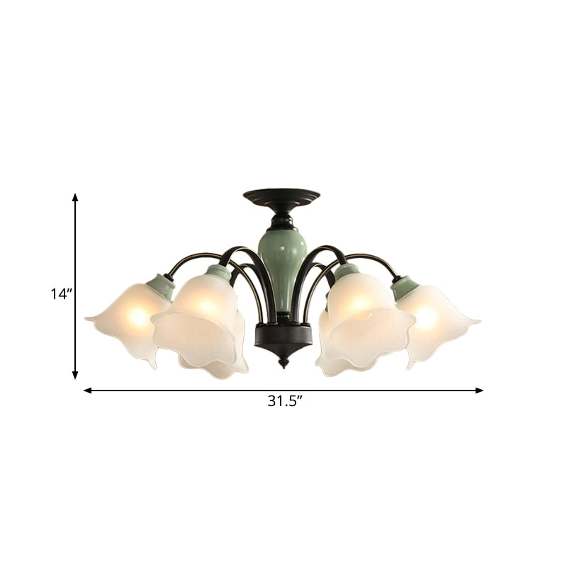 Black Flower Semi Flush Countryside Frosted Glass 3/6/8 Heads Living Room Ceiling Mount with Curved Arm Clearhalo 'Ceiling Lights' 'Close To Ceiling Lights' 'Close to ceiling' 'Semi-flushmount' Lighting' 781208