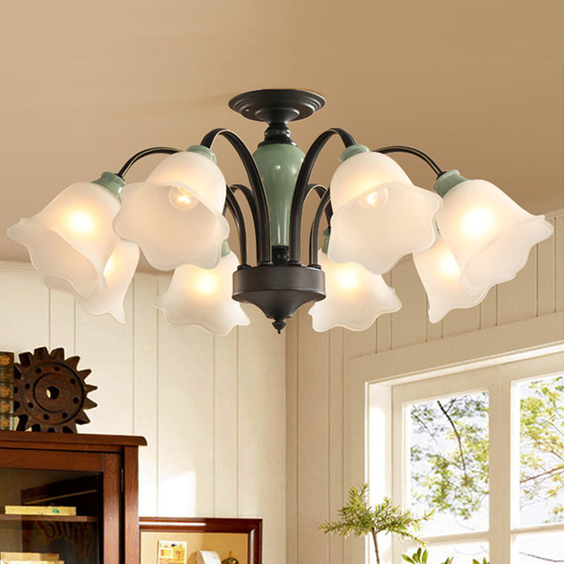 Black Flower Semi Flush Countryside Frosted Glass 3/6/8 Heads Living Room Ceiling Mount with Curved Arm 8 Black Clearhalo 'Ceiling Lights' 'Close To Ceiling Lights' 'Close to ceiling' 'Semi-flushmount' Lighting' 781209