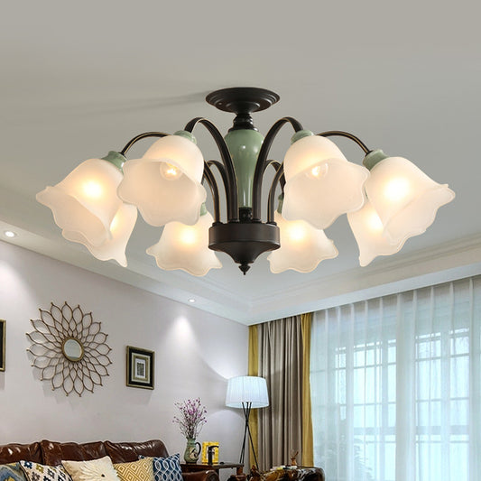 Black Flower Semi Flush Countryside Frosted Glass 3/6/8 Heads Living Room Ceiling Mount with Curved Arm Clearhalo 'Ceiling Lights' 'Close To Ceiling Lights' 'Close to ceiling' 'Semi-flushmount' Lighting' 781210