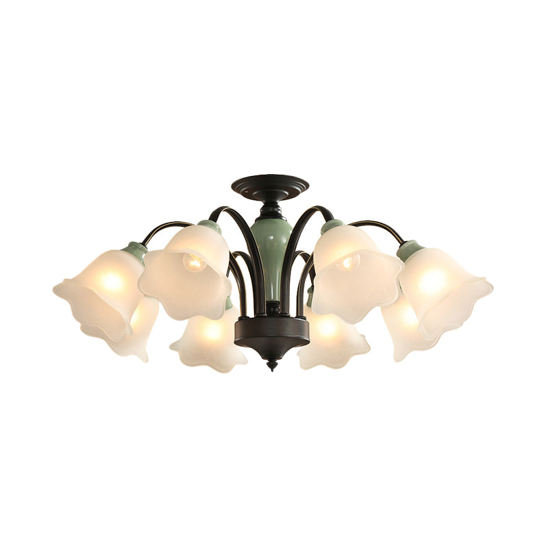 Black Flower Semi Flush Countryside Frosted Glass 3/6/8 Heads Living Room Ceiling Mount with Curved Arm Clearhalo 'Ceiling Lights' 'Close To Ceiling Lights' 'Close to ceiling' 'Semi-flushmount' Lighting' 781212
