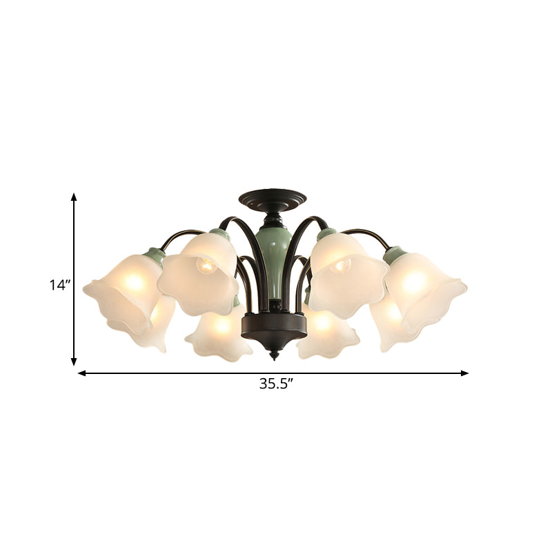 Black Flower Semi Flush Countryside Frosted Glass 3/6/8 Heads Living Room Ceiling Mount with Curved Arm Clearhalo 'Ceiling Lights' 'Close To Ceiling Lights' 'Close to ceiling' 'Semi-flushmount' Lighting' 781213