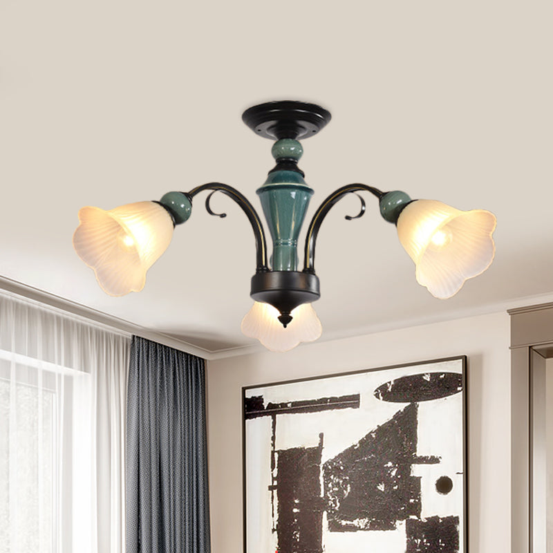 Petal Living Room Semi Flush Mount Light Rural Style 3/5/6 Lights Black Finish Ceiling Lighting with Swooping Arm 3 Black Clearhalo 'Ceiling Lights' 'Close To Ceiling Lights' 'Close to ceiling' 'Semi-flushmount' Lighting' 781214