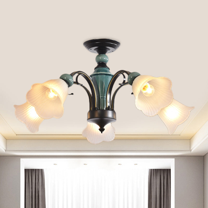Petal Living Room Semi Flush Mount Light Rural Style 3/5/6 Lights Black Finish Ceiling Lighting with Swooping Arm 5 Black Clearhalo 'Ceiling Lights' 'Close To Ceiling Lights' 'Close to ceiling' 'Semi-flushmount' Lighting' 781218