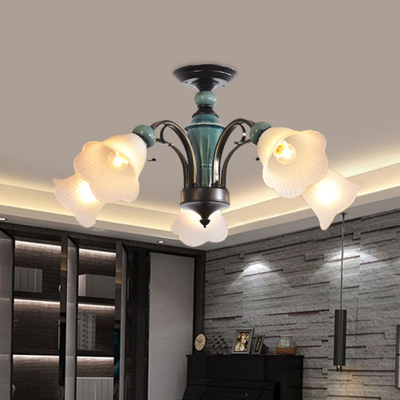 Petal Living Room Semi Flush Mount Light Rural Style 3/5/6 Lights Black Finish Ceiling Lighting with Swooping Arm Clearhalo 'Ceiling Lights' 'Close To Ceiling Lights' 'Close to ceiling' 'Semi-flushmount' Lighting' 781219