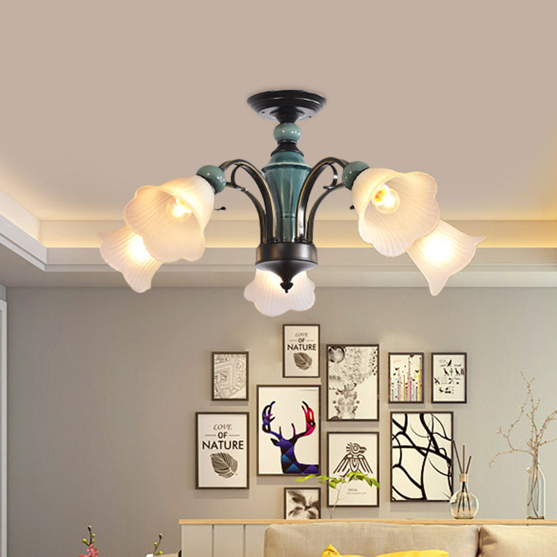 Petal Living Room Semi Flush Mount Light Rural Style 3/5/6 Lights Black Finish Ceiling Lighting with Swooping Arm Clearhalo 'Ceiling Lights' 'Close To Ceiling Lights' 'Close to ceiling' 'Semi-flushmount' Lighting' 781220