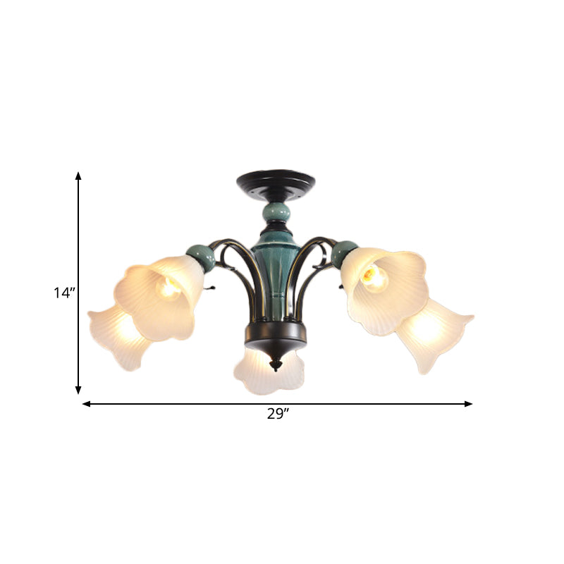 Petal Living Room Semi Flush Mount Light Rural Style 3/5/6 Lights Black Finish Ceiling Lighting with Swooping Arm Clearhalo 'Ceiling Lights' 'Close To Ceiling Lights' 'Close to ceiling' 'Semi-flushmount' Lighting' 781222
