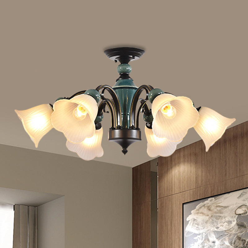 Petal Living Room Semi Flush Mount Light Rural Style 3/5/6 Lights Black Finish Ceiling Lighting with Swooping Arm 6 Black Clearhalo 'Ceiling Lights' 'Close To Ceiling Lights' 'Close to ceiling' 'Semi-flushmount' Lighting' 781223