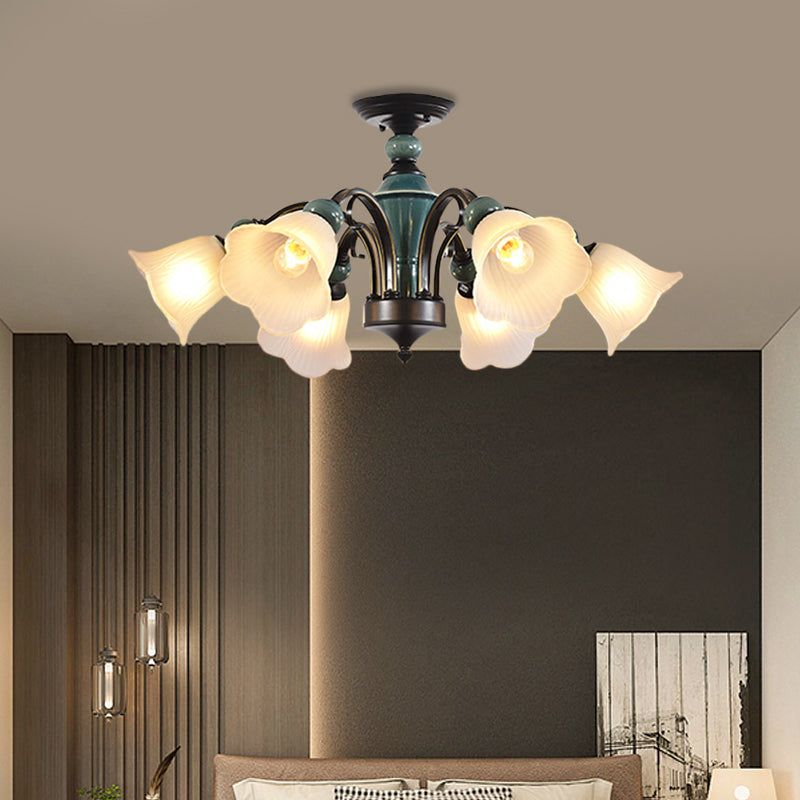 Petal Living Room Semi Flush Mount Light Rural Style 3/5/6 Lights Black Finish Ceiling Lighting with Swooping Arm Clearhalo 'Ceiling Lights' 'Close To Ceiling Lights' 'Close to ceiling' 'Semi-flushmount' Lighting' 781225