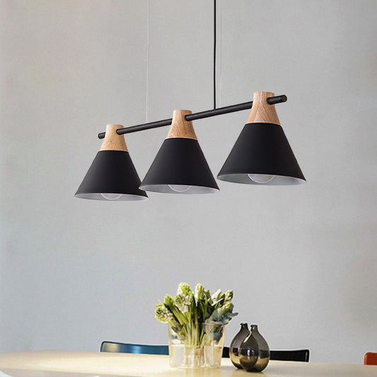 Macaron Cone Iron Hanging Light 3 Heads Island Pendant in Black/White/Blue and Wood over Dining Table Black Clearhalo 'Ceiling Lights' 'Island Lights' Lighting' 781727