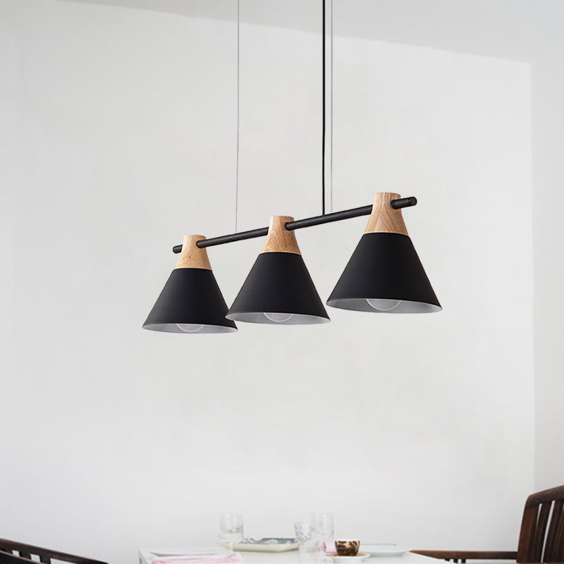 Macaron Cone Iron Hanging Light 3 Heads Island Pendant in Black/White/Blue and Wood over Dining Table Clearhalo 'Ceiling Lights' 'Island Lights' Lighting' 781728