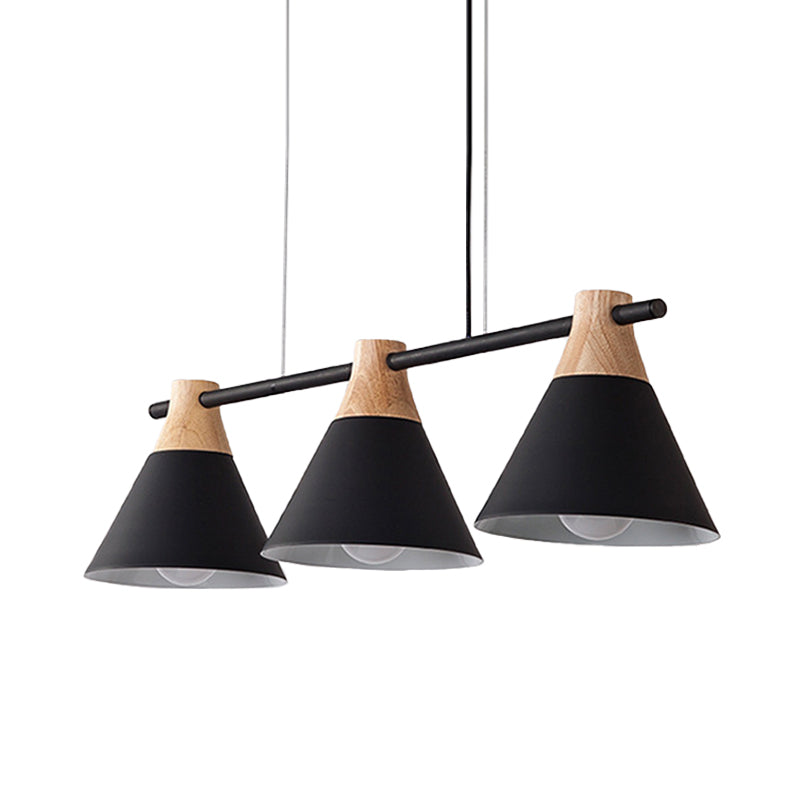 Macaron Cone Iron Hanging Light 3 Heads Island Pendant in Black/White/Blue and Wood over Dining Table Clearhalo 'Ceiling Lights' 'Island Lights' Lighting' 781729
