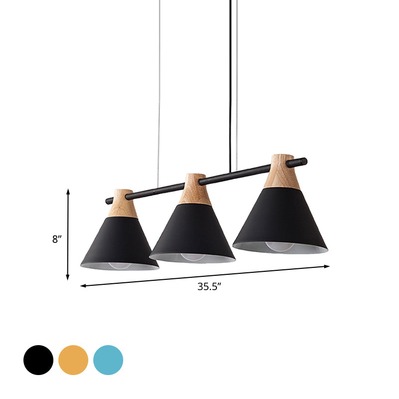Macaron Cone Iron Hanging Light 3 Heads Island Pendant in Black/White/Blue and Wood over Dining Table Clearhalo 'Ceiling Lights' 'Island Lights' Lighting' 781730