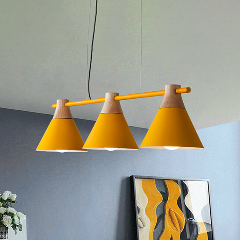 Macaron Cone Iron Hanging Light 3 Heads Island Pendant in Black/White/Blue and Wood over Dining Table Yellow Clearhalo 'Ceiling Lights' 'Island Lights' Lighting' 781731