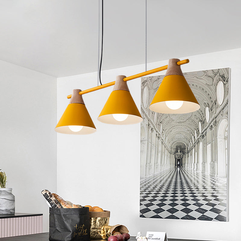 Macaron Cone Iron Hanging Light 3 Heads Island Pendant in Black/White/Blue and Wood over Dining Table Clearhalo 'Ceiling Lights' 'Island Lights' Lighting' 781732