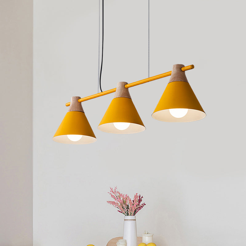 Macaron Cone Iron Hanging Light 3 Heads Island Pendant in Black/White/Blue and Wood over Dining Table Clearhalo 'Ceiling Lights' 'Island Lights' Lighting' 781733