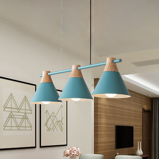Macaron Cone Iron Hanging Light 3 Heads Island Pendant in Black/White/Blue and Wood over Dining Table Blue Clearhalo 'Ceiling Lights' 'Island Lights' Lighting' 781735