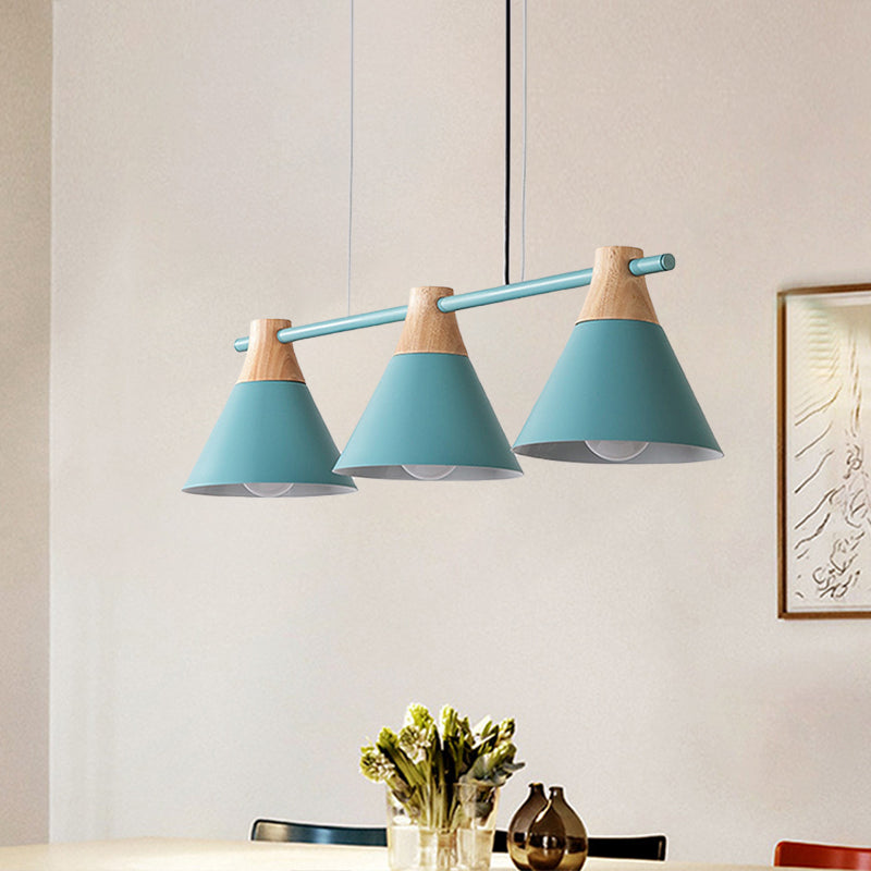 Macaron Cone Iron Hanging Light 3 Heads Island Pendant in Black/White/Blue and Wood over Dining Table Clearhalo 'Ceiling Lights' 'Island Lights' Lighting' 781736