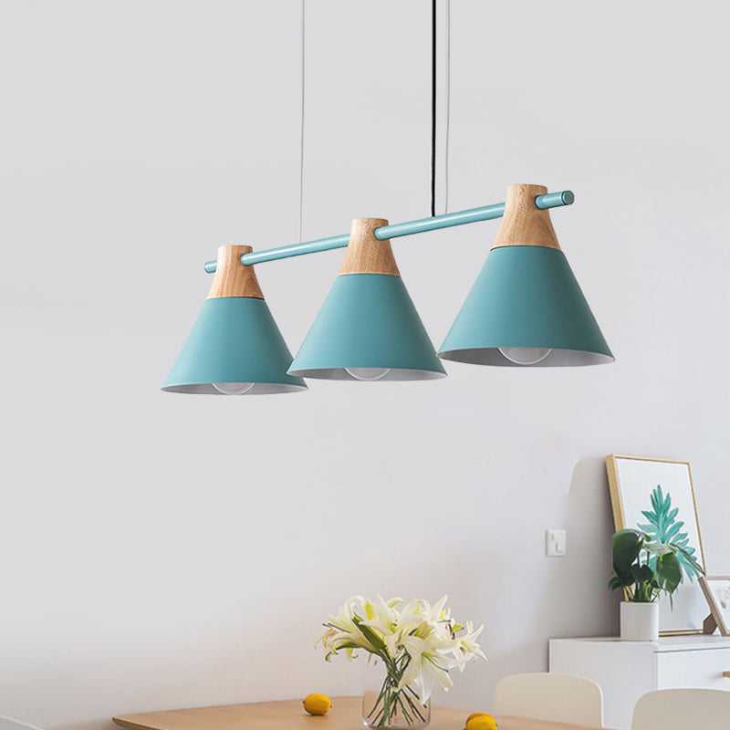 Macaron Cone Iron Hanging Light 3 Heads Island Pendant in Black/White/Blue and Wood over Dining Table Clearhalo 'Ceiling Lights' 'Island Lights' Lighting' 781737