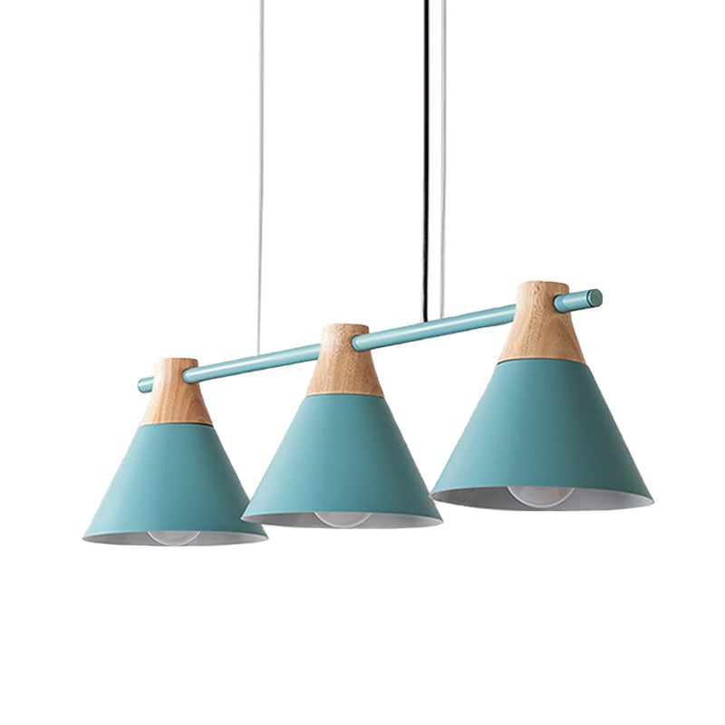 Macaron Cone Iron Hanging Light 3 Heads Island Pendant in Black/White/Blue and Wood over Dining Table Clearhalo 'Ceiling Lights' 'Island Lights' Lighting' 781738
