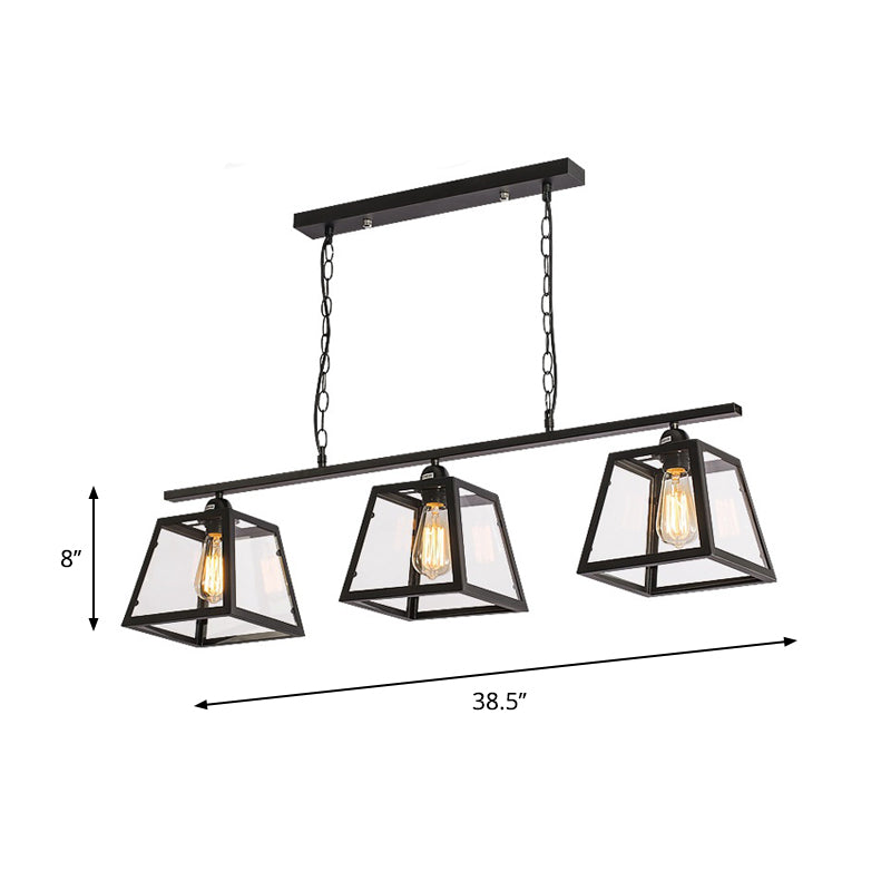 Black 3 Bulbs Island Pendant Light Countryside Clear Glass Trapezoid Hanging Lamp Kit Clearhalo 'Ceiling Lights' 'Close To Ceiling Lights' 'Glass shade' 'Glass' 'Island Lights' Lighting' 781823