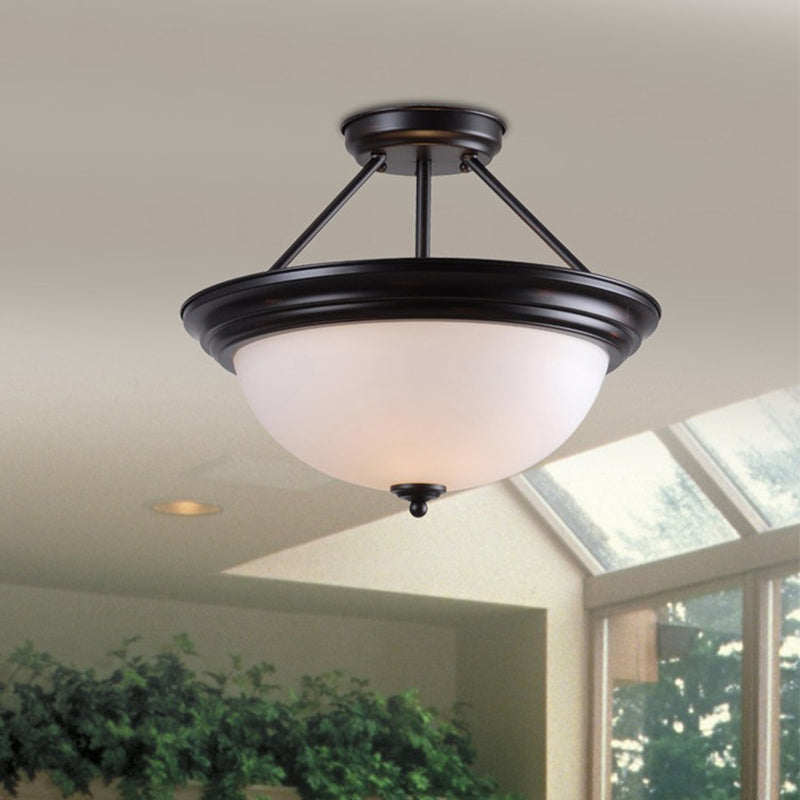 2 Lights Semi Mount Lighting Country Style Living Room Close to Ceiling Lamp with Dome White/Amber Glass Shade Clearhalo 'Ceiling Lights' 'Close To Ceiling Lights' 'Close to ceiling' 'Semi-flushmount' Lighting' 781833