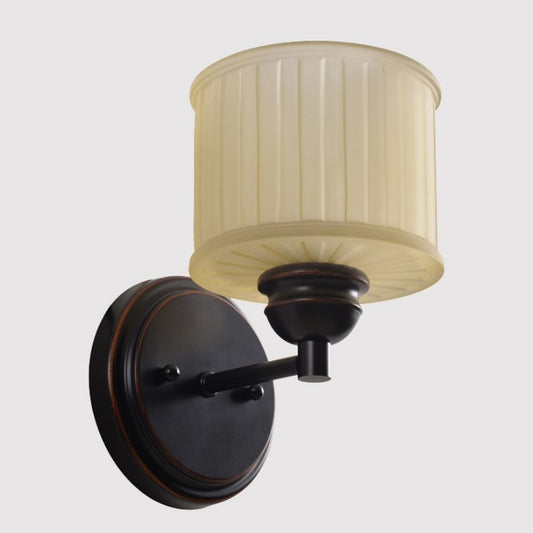 1 Bulb Small Drum Sconce Lighting Country Style Black Finish Tan Glass Wall Mounted Lamp Clearhalo 'Wall Lamps & Sconces' 'Wall Lights' Lighting' 781858