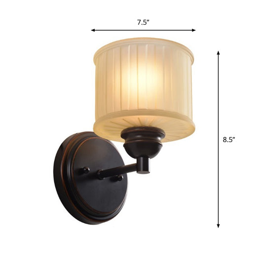 1 Bulb Small Drum Sconce Lighting Country Style Black Finish Tan Glass Wall Mounted Lamp Clearhalo 'Wall Lamps & Sconces' 'Wall Lights' Lighting' 781859