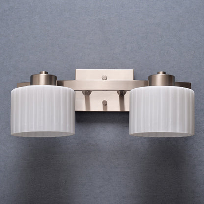 White Ribbed Glass Nickel Sconce Light Fixture Drum 2-Head Modern Wall Mounted Lamp White Clearhalo 'Wall Lamps & Sconces' 'Wall Lights' Lighting' 781886