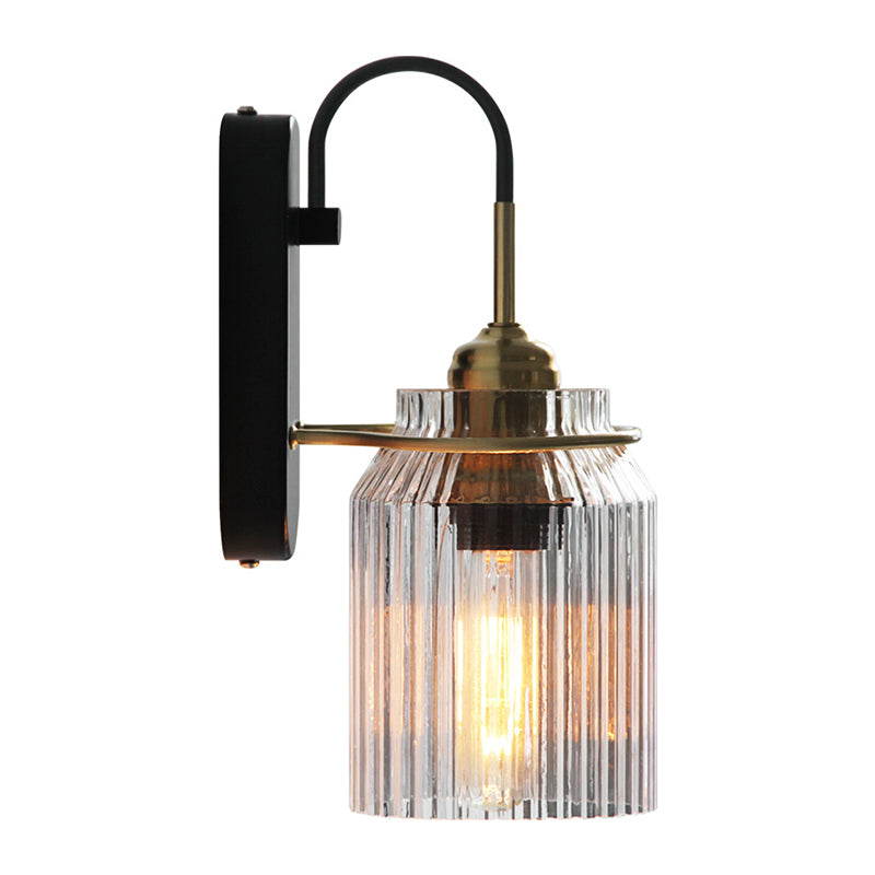 Clear Prismatic Glass Can Shape Sconce Farmhouse 1 Bulb Bedside Wall Mount Light in Black Clearhalo 'Wall Lamps & Sconces' 'Wall Lights' Lighting' 781995