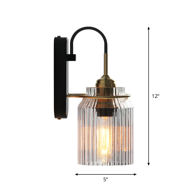 Clear Prismatic Glass Can Shape Sconce Farmhouse 1 Bulb Bedside Wall Mount Light in Black Clearhalo 'Wall Lamps & Sconces' 'Wall Lights' Lighting' 781996
