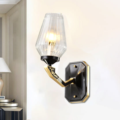 1 Head Wall Mount Lamp Traditional Diamond Clear Ribbed Glass Up Wall Light Fixture in Black Black Clearhalo 'Wall Lamps & Sconces' 'Wall Lights' Lighting' 782001