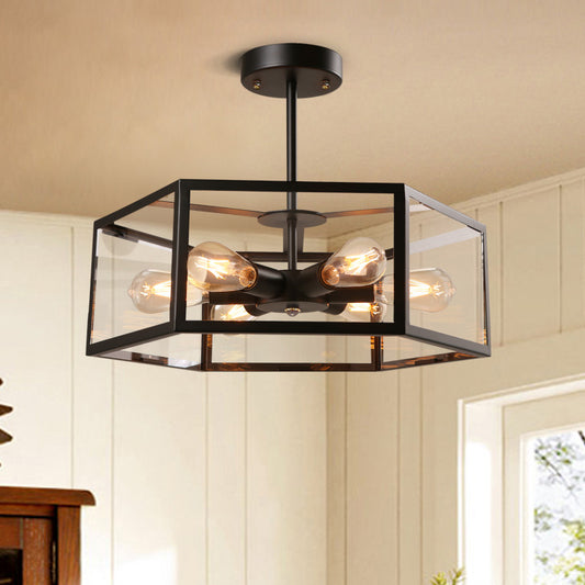 Antiqued Hexagon Semi Flush Light Fixture 6 Lights Clear Glass Close to Ceiling Lamp in Black Clearhalo 'Ceiling Lights' 'Close To Ceiling Lights' 'Close to ceiling' 'Semi-flushmount' Lighting' 782035