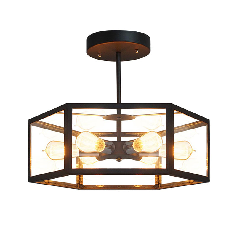 Antiqued Hexagon Semi Flush Light Fixture 6 Lights Clear Glass Close to Ceiling Lamp in Black Clearhalo 'Ceiling Lights' 'Close To Ceiling Lights' 'Close to ceiling' 'Semi-flushmount' Lighting' 782036